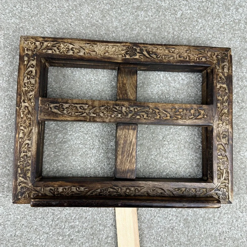 Hand Carved Floral Wood Cookbook Stand Tablet Holder Dark Brown Rustic Boho